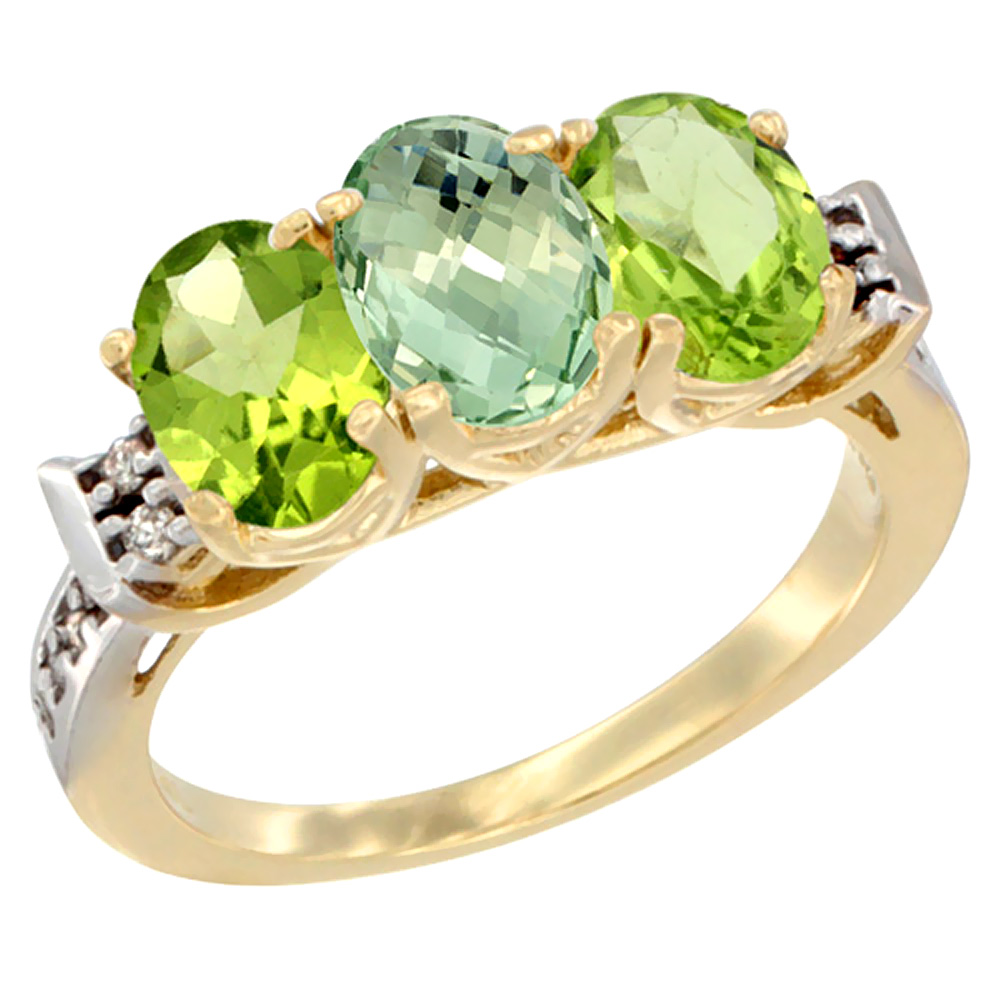 14K Yellow Gold Natural Green Amethyst &amp; Peridot Sides Ring 3-Stone 7x5 mm Oval Diamond Accent, sizes 5 - 10