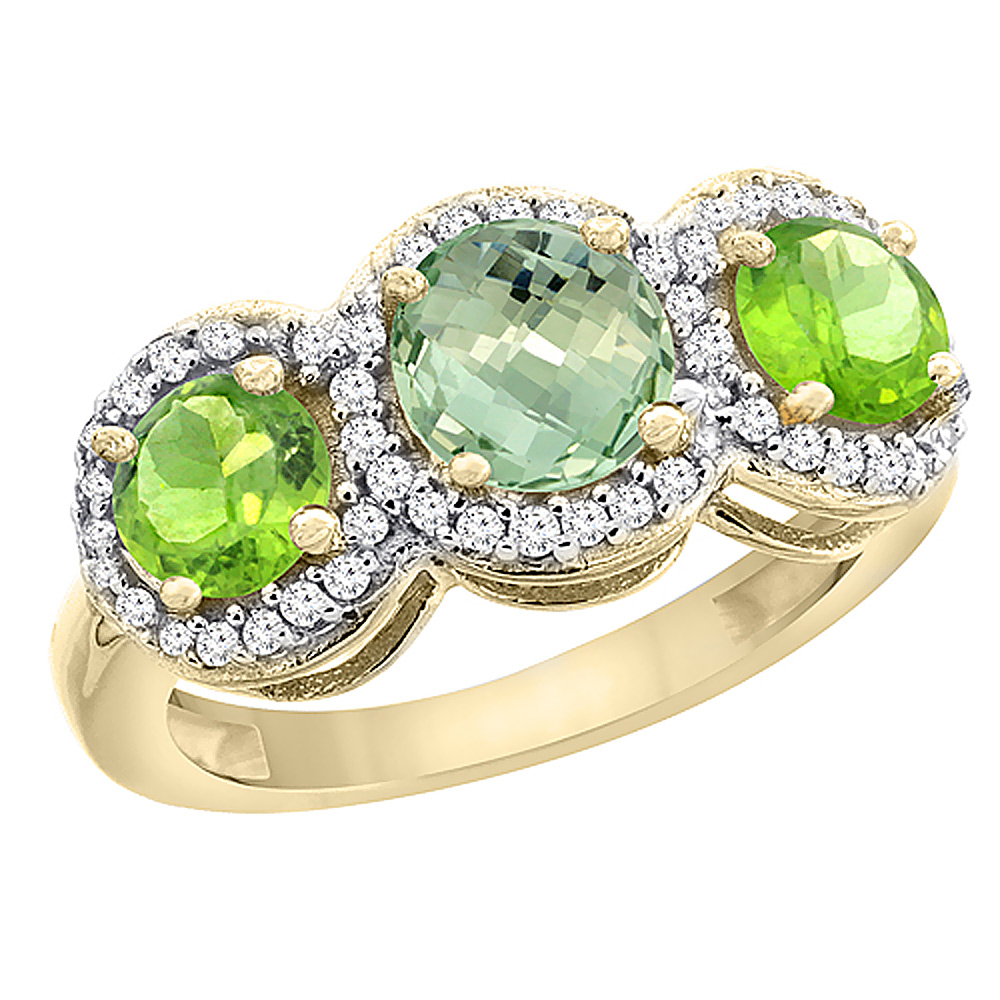14K Yellow Gold Natural Green Amethyst &amp; Peridot Sides Round 3-stone Ring Diamond Accents, sizes 5 - 10