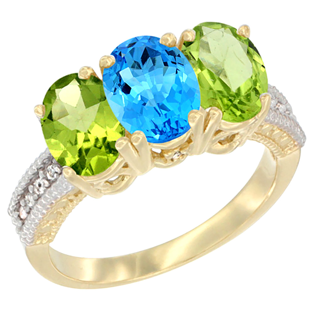 10K Yellow Gold Diamond Natural Swiss Blue Topaz & Peridot Ring 3-Stone 7x5 mm Oval, sizes 5 - 10