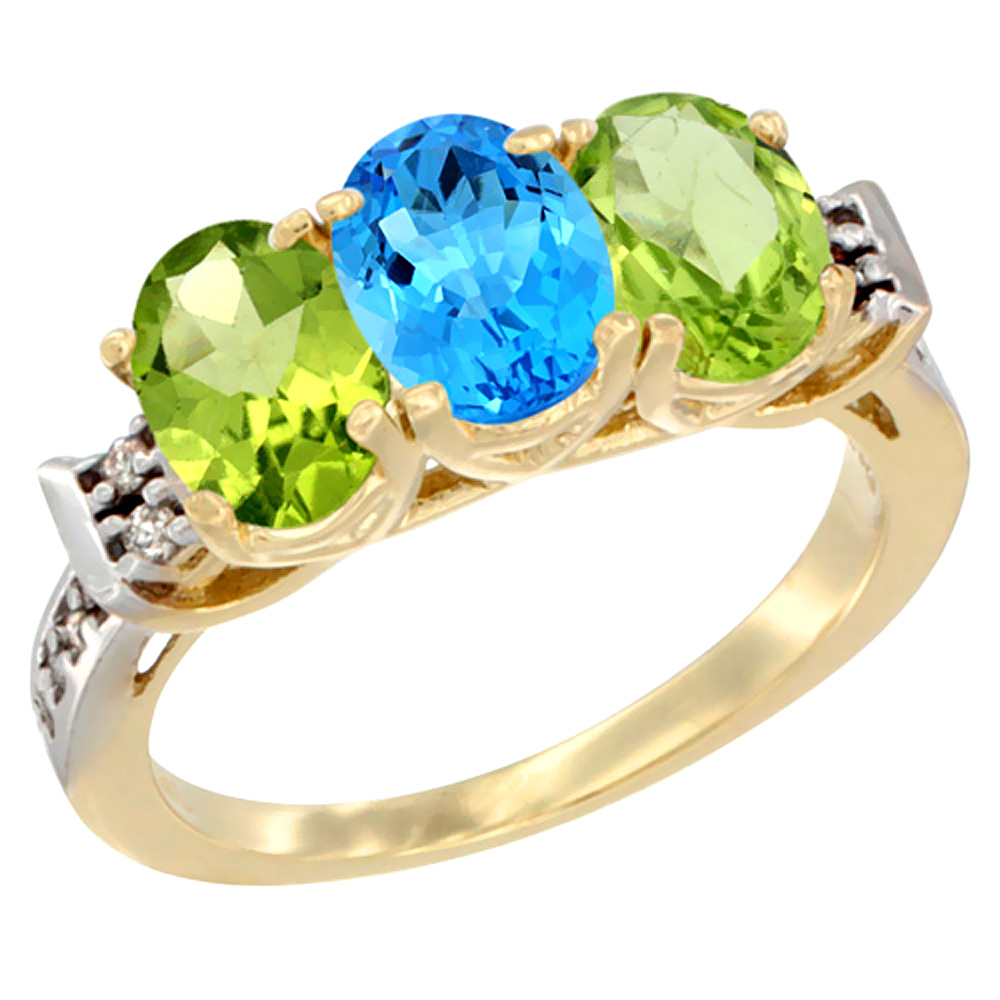 10K Yellow Gold Natural Swiss Blue Topaz & Peridot Sides Ring 3-Stone Oval 7x5 mm Diamond Accent, sizes 5 - 10