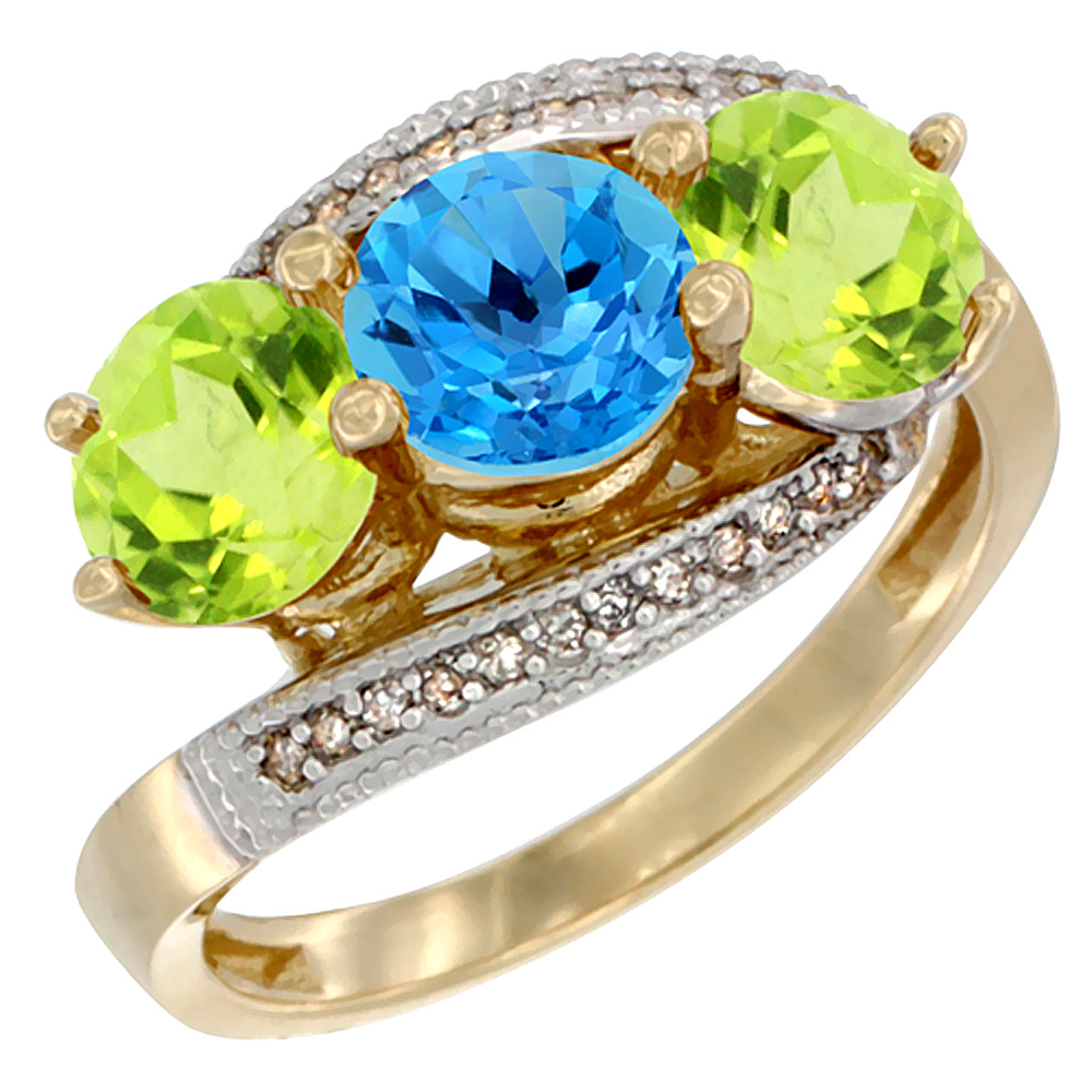 14K Yellow Gold Natural Swiss Blue Topaz &amp; Peridot Sides 3 stone Ring Round 6mm Diamond Accent, sizes 5 - 10