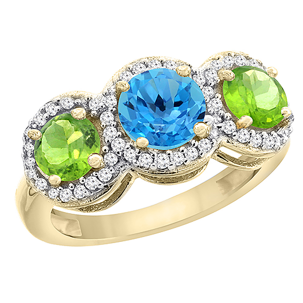 14K Yellow Gold Natural Swiss Blue Topaz & Peridot Sides Round 3-stone Ring Diamond Accents, sizes 5 - 10