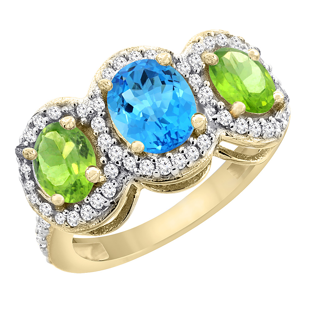 14K Yellow Gold Natural Swiss Blue Topaz & Peridot 3-Stone Ring Oval Diamond Accent, sizes 5 - 10