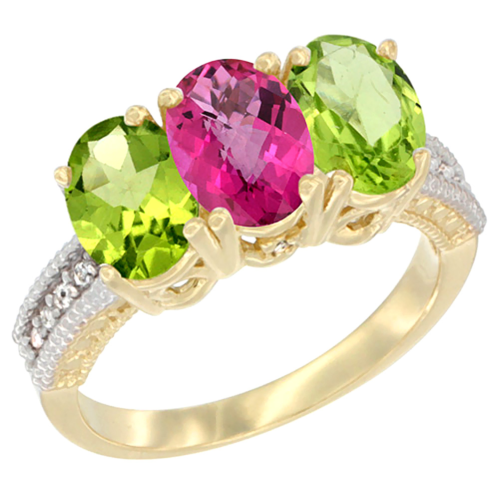 14K Yellow Gold Natural Pink Topaz & Peridot Sides Ring 3-Stone 7x5 mm Oval Diamond Accent, sizes 5 - 10