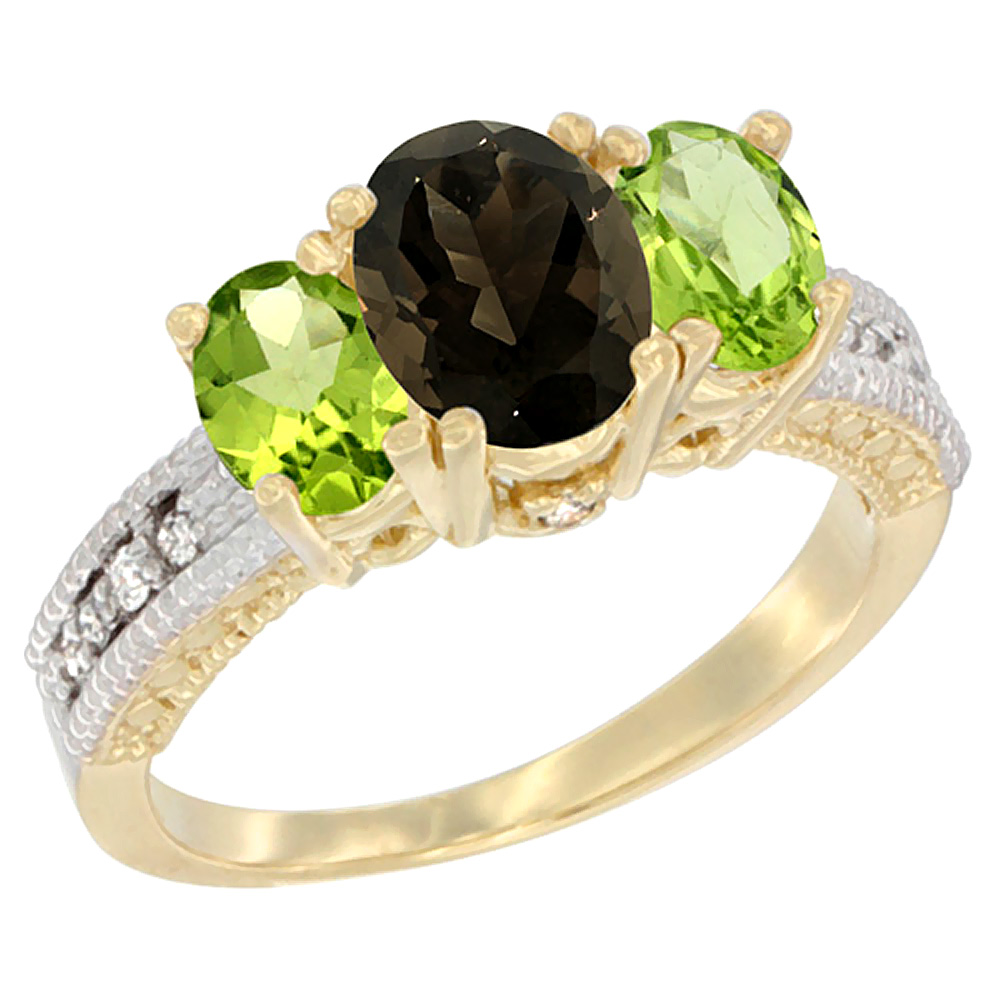 14K Yellow Gold Diamond Natural Smoky Topaz Ring Oval 3-stone with Peridot, sizes 5 - 10