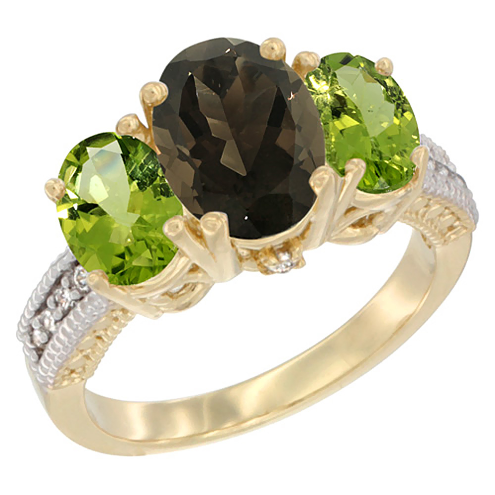 10K Yellow Gold Diamond Natural Smoky Topaz Ring 3-Stone Oval 8x6mm with Peridot, sizes5-10