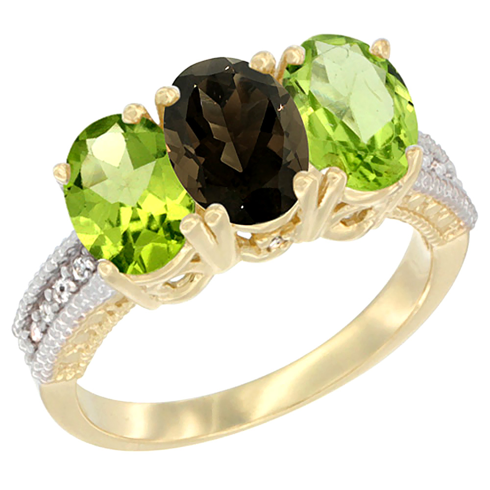 10K Yellow Gold Diamond Natural Smoky Topaz & Peridot Ring 3-Stone 7x5 mm Oval, sizes 5 - 10