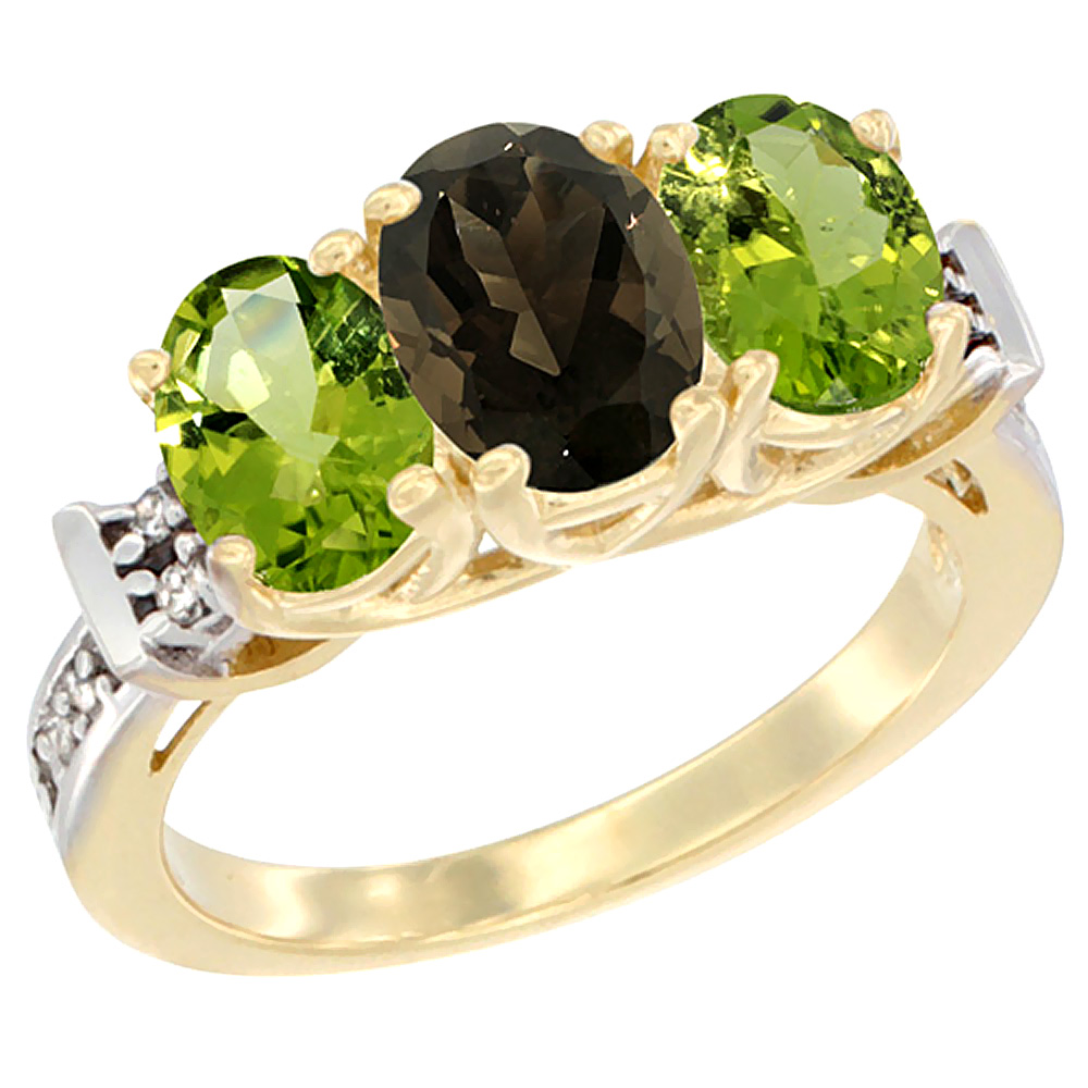 10K Yellow Gold Natural Smoky Topaz & Peridot Sides Ring 3-Stone Oval Diamond Accent, sizes 5 - 10