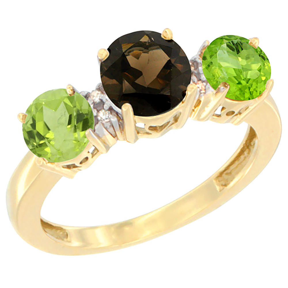 10K Yellow Gold Round 3-Stone Natural Smoky Topaz Ring &amp; Peridot Sides Diamond Accent, sizes 5 - 10