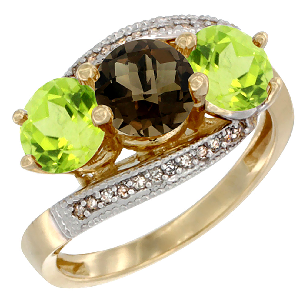 10K Yellow Gold Natural Smoky Topaz & Peridot Sides 3 stone Ring Round 6mm Diamond Accent, sizes 5 - 10