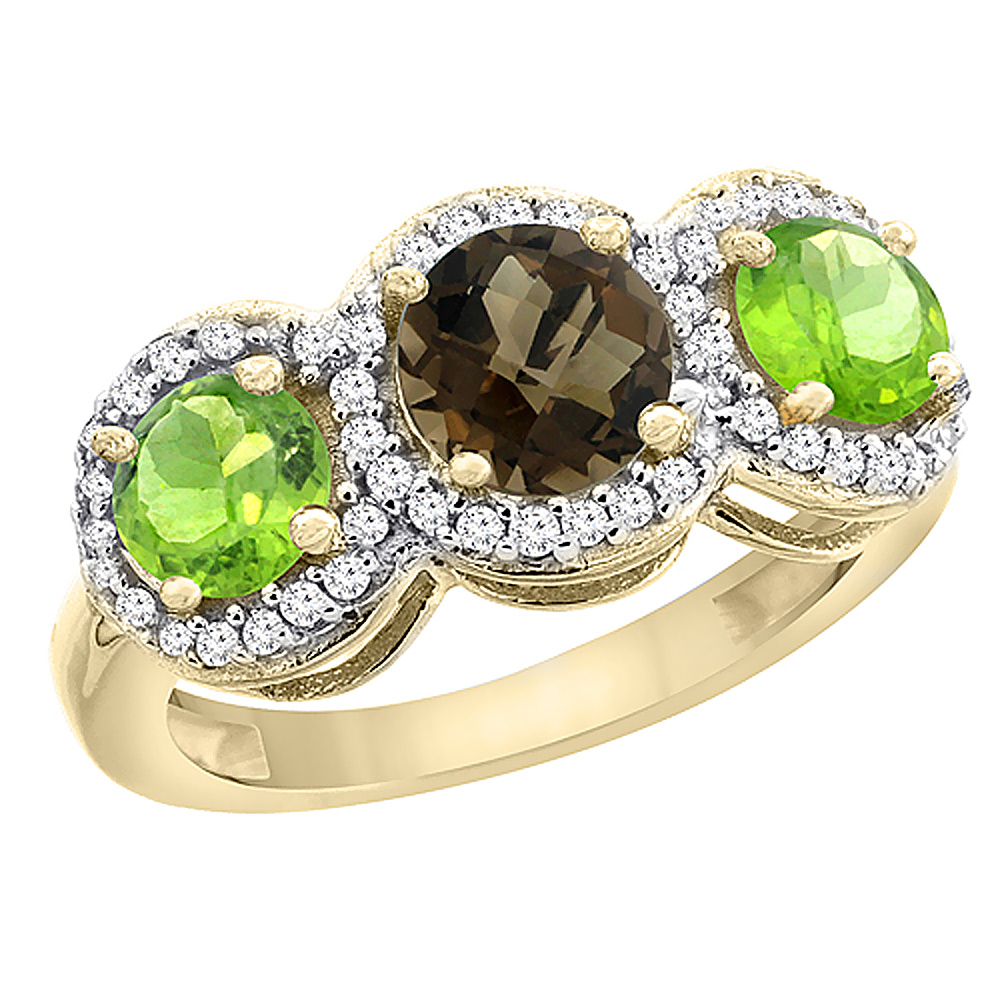 10K Yellow Gold Natural Smoky Topaz & Peridot Sides Round 3-stone Ring Diamond Accents, sizes 5 - 10