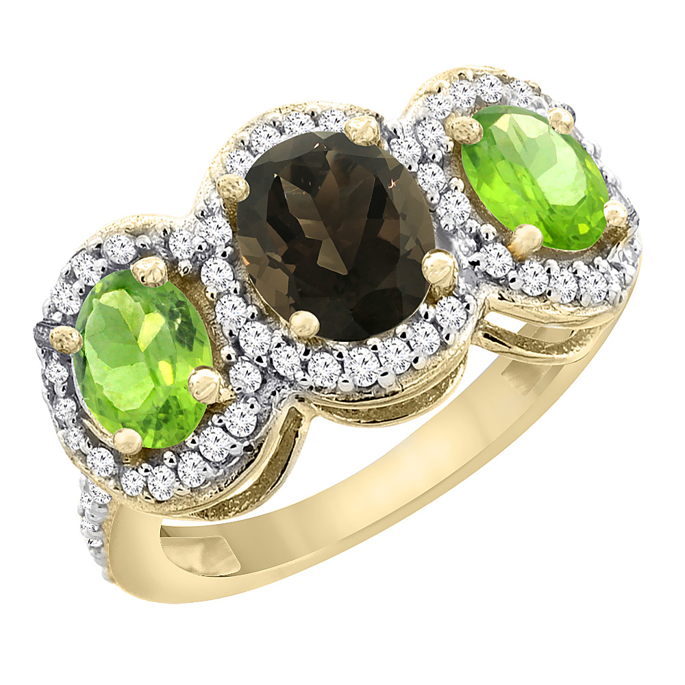 14K Yellow Gold Natural Smoky Topaz & Peridot 3-Stone Ring Oval Diamond Accent, sizes 5 - 10