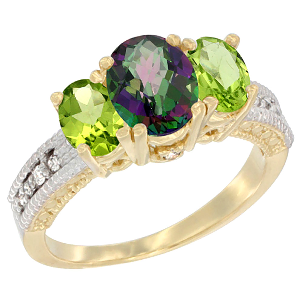 10K Yellow Gold Diamond Natural Mystic Topaz Ring Oval 3-stone with Peridot, sizes 5 - 10