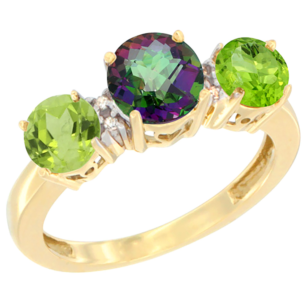 14K Yellow Gold Round 3-Stone Natural Mystic Topaz Ring & Peridot Sides Diamond Accent, sizes 5 - 10