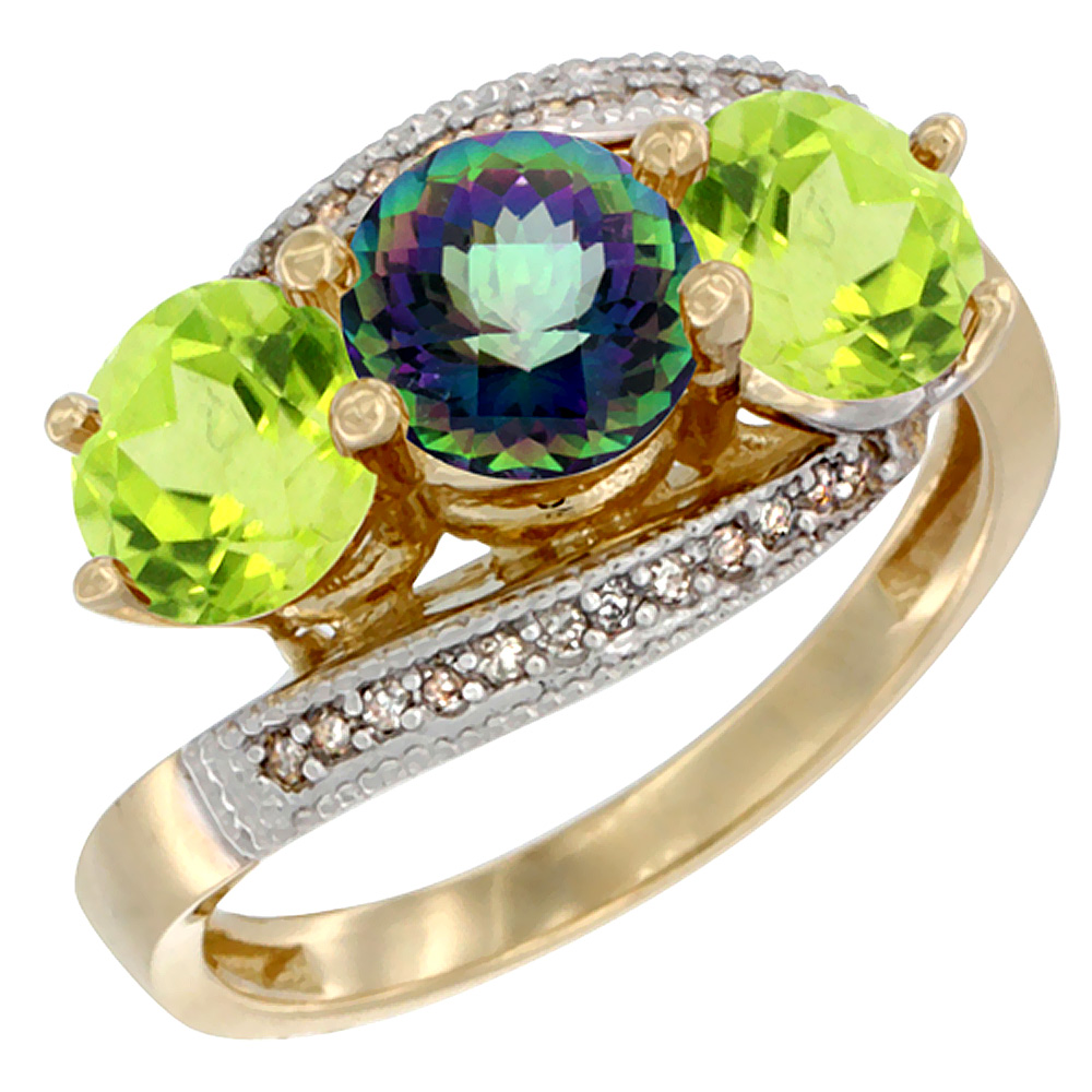 10K Yellow Gold Natural Mystic Topaz & Peridot Sides 3 stone Ring Round 6mm Diamond Accent, sizes 5 - 10