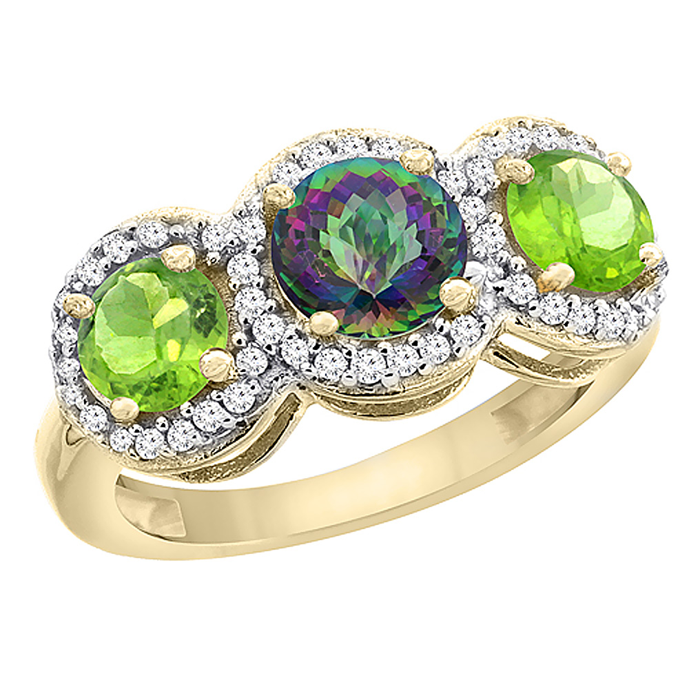 14K Yellow Gold Natural Mystic Topaz &amp; Peridot Sides Round 3-stone Ring Diamond Accents, sizes 5 - 10