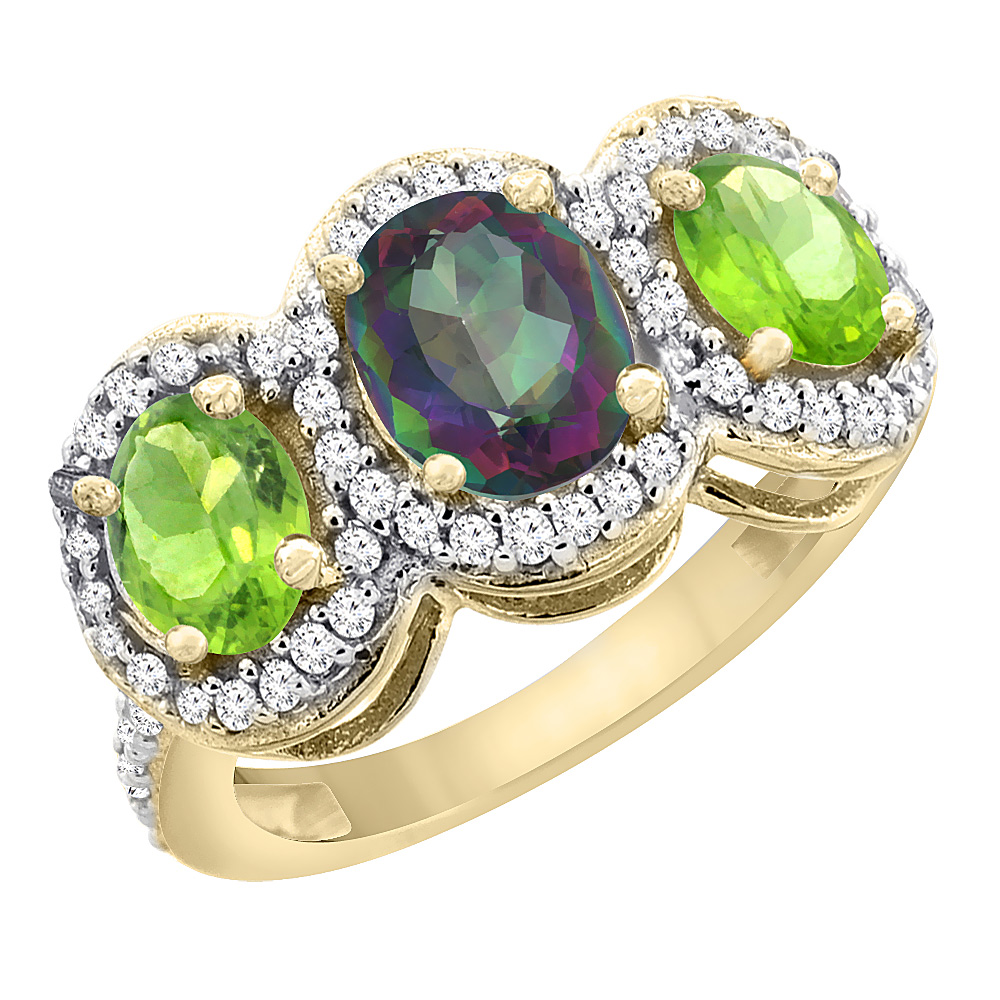 14K Yellow Gold Natural Mystic Topaz &amp; Peridot 3-Stone Ring Oval Diamond Accent, sizes 5 - 10