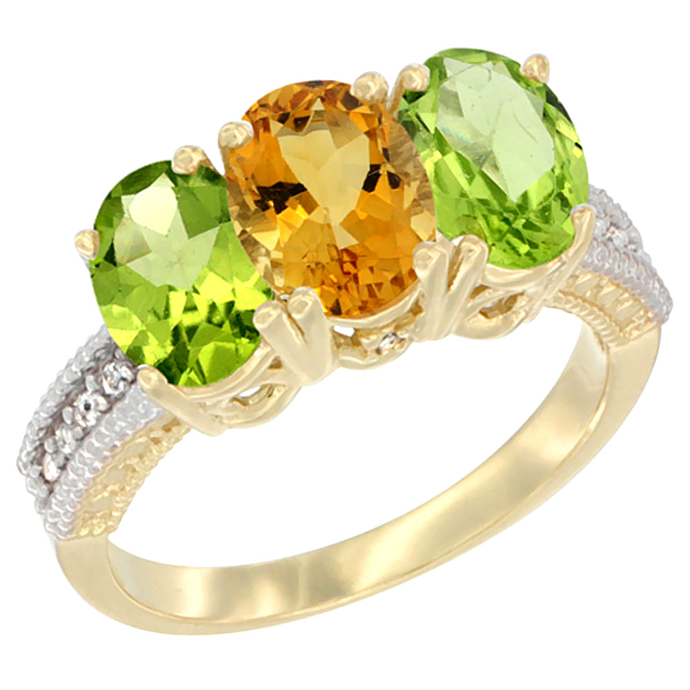 10K Yellow Gold Diamond Natural Citrine &amp; Peridot Ring 3-Stone 7x5 mm Oval, sizes 5 - 10