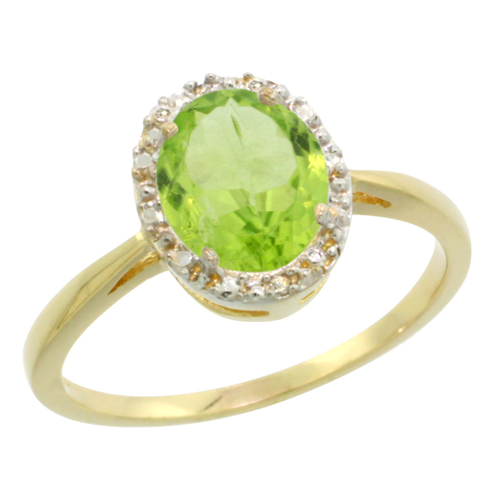 14K Yellow Gold Natural Peridot Diamond Halo Ring Oval 8X6mm, sizes 5-10