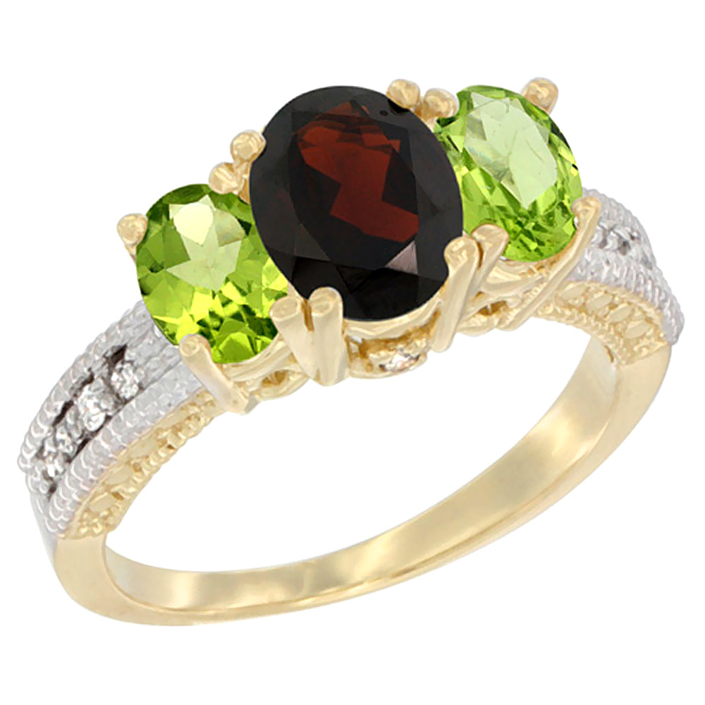 14K Yellow Gold Diamond Natural Garnet Ring Oval 3-stone with Peridot, sizes 5 - 10