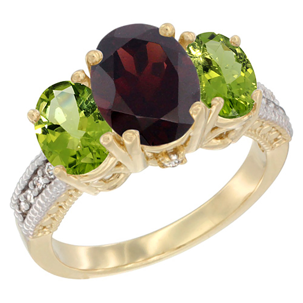 10K Yellow Gold Diamond Natural Garnet Ring 3-Stone Oval 8x6mm with Peridot, sizes5-10