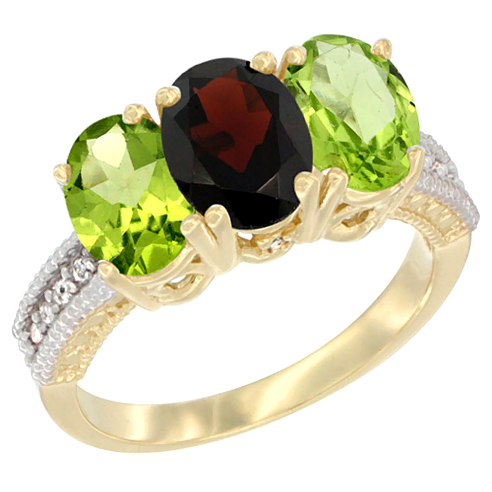 10K Yellow Gold Diamond Natural Garnet & Peridot Ring 3-Stone 7x5 mm Oval, sizes 5 - 10