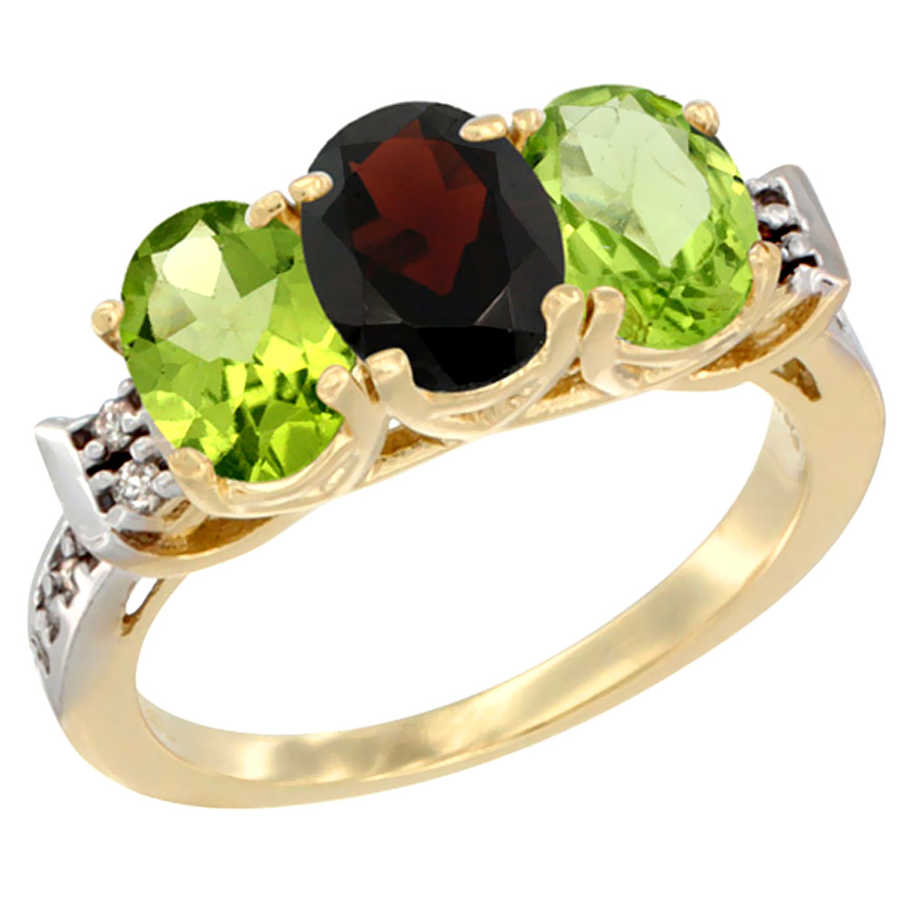 14K Yellow Gold Natural Garnet & Peridot Sides Ring 3-Stone 7x5 mm Oval Diamond Accent, sizes 5 - 10