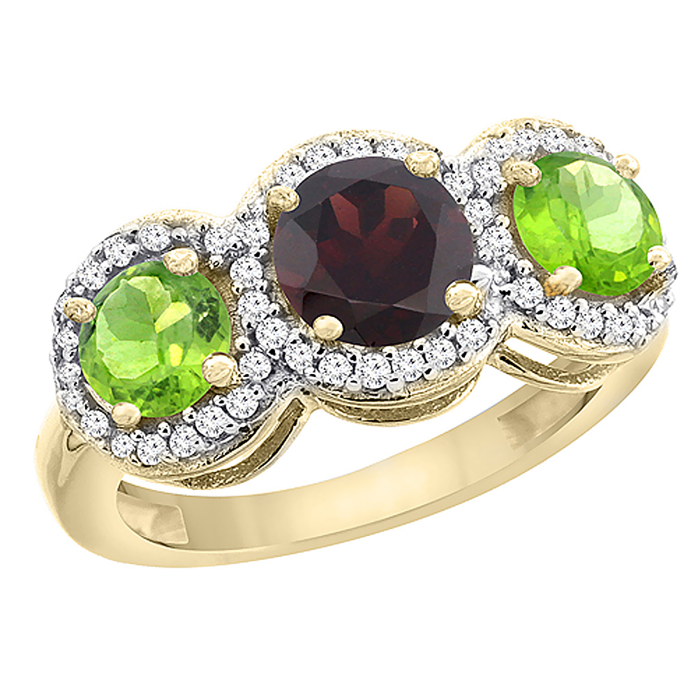 14K Yellow Gold Natural Garnet & Peridot Sides Round 3-stone Ring Diamond Accents, sizes 5 - 10