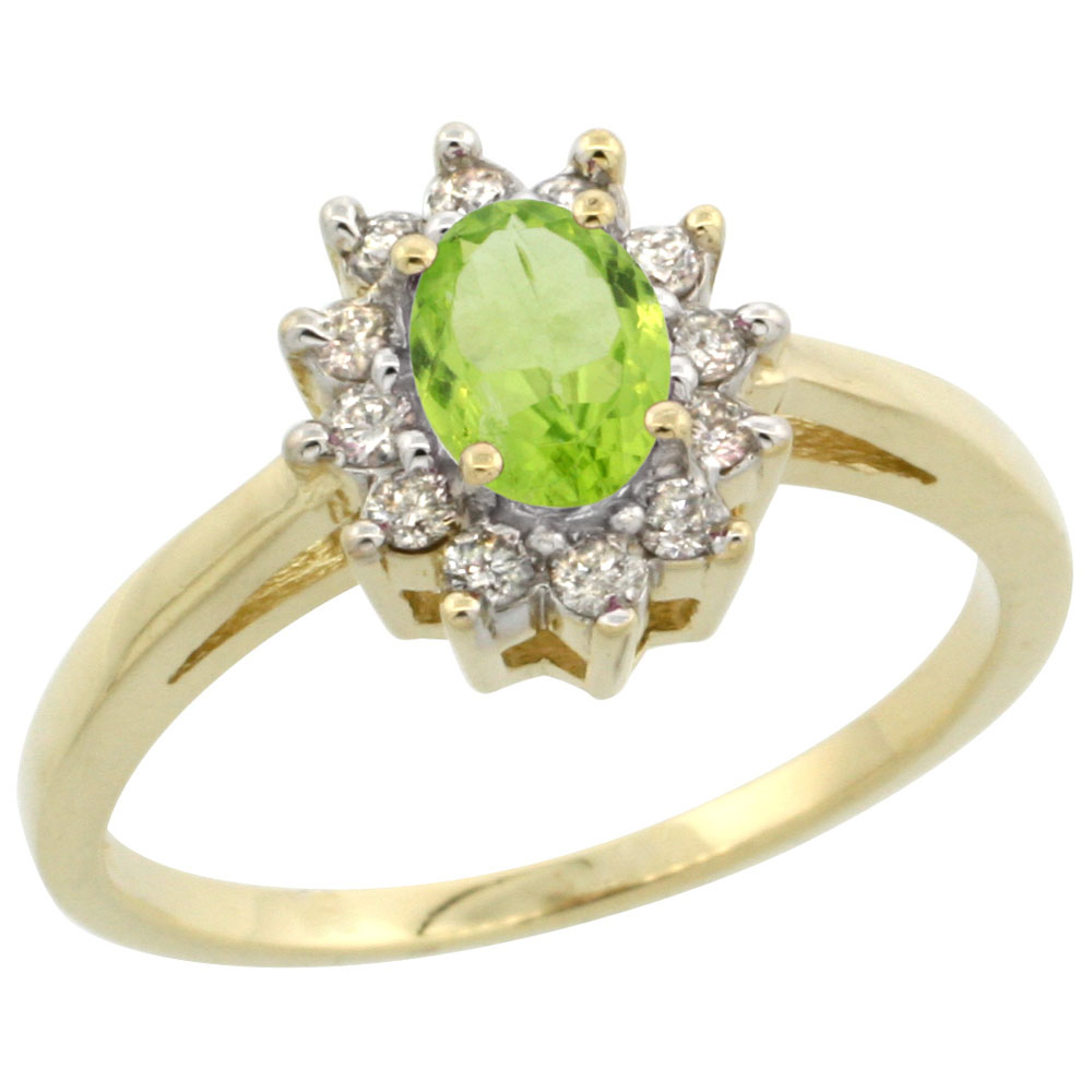 14K Yellow Gold Natural Peridot Flower Diamond Halo Ring Oval 6x4 mm, sizes 5 10