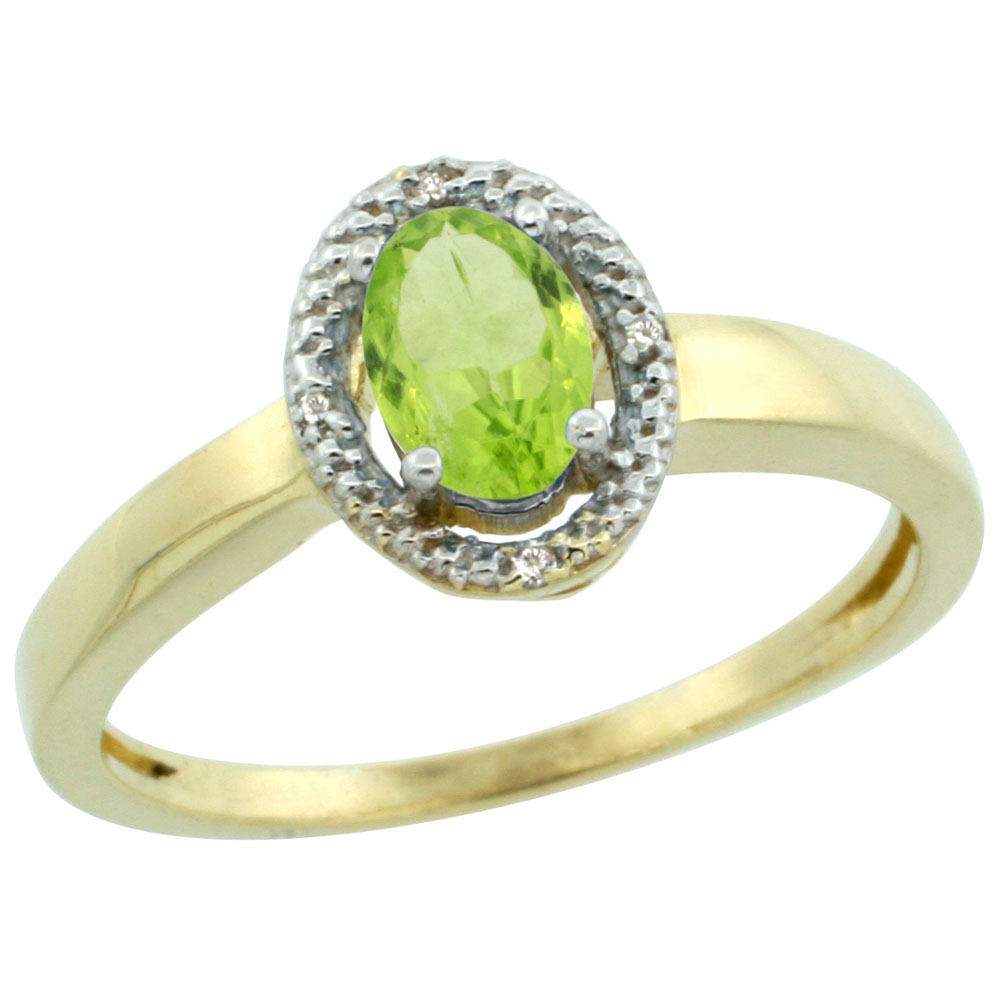 10K Yellow Gold Diamond Halo Natural Peridot Engagement Ring Oval 6X4 mm, sizes 5-10