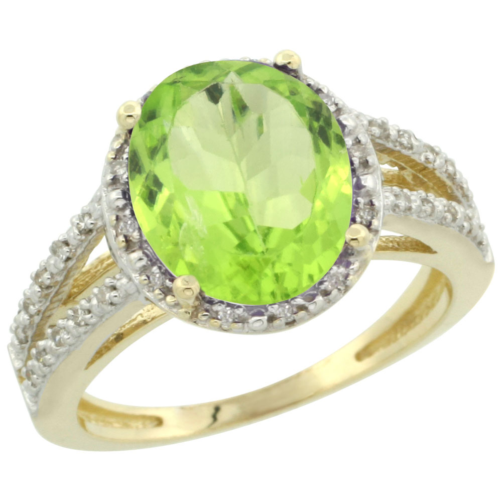 14K Yellow Gold Natural Peridot Diamond Halo Ring Oval 11x9mm, sizes 5-10