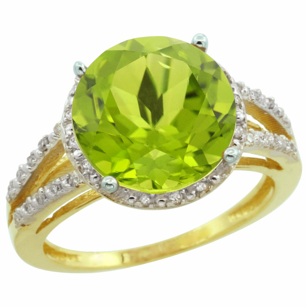 10K Yellow Gold Diamond Natural Peridot Ring Round 11mm, sizes 5-10