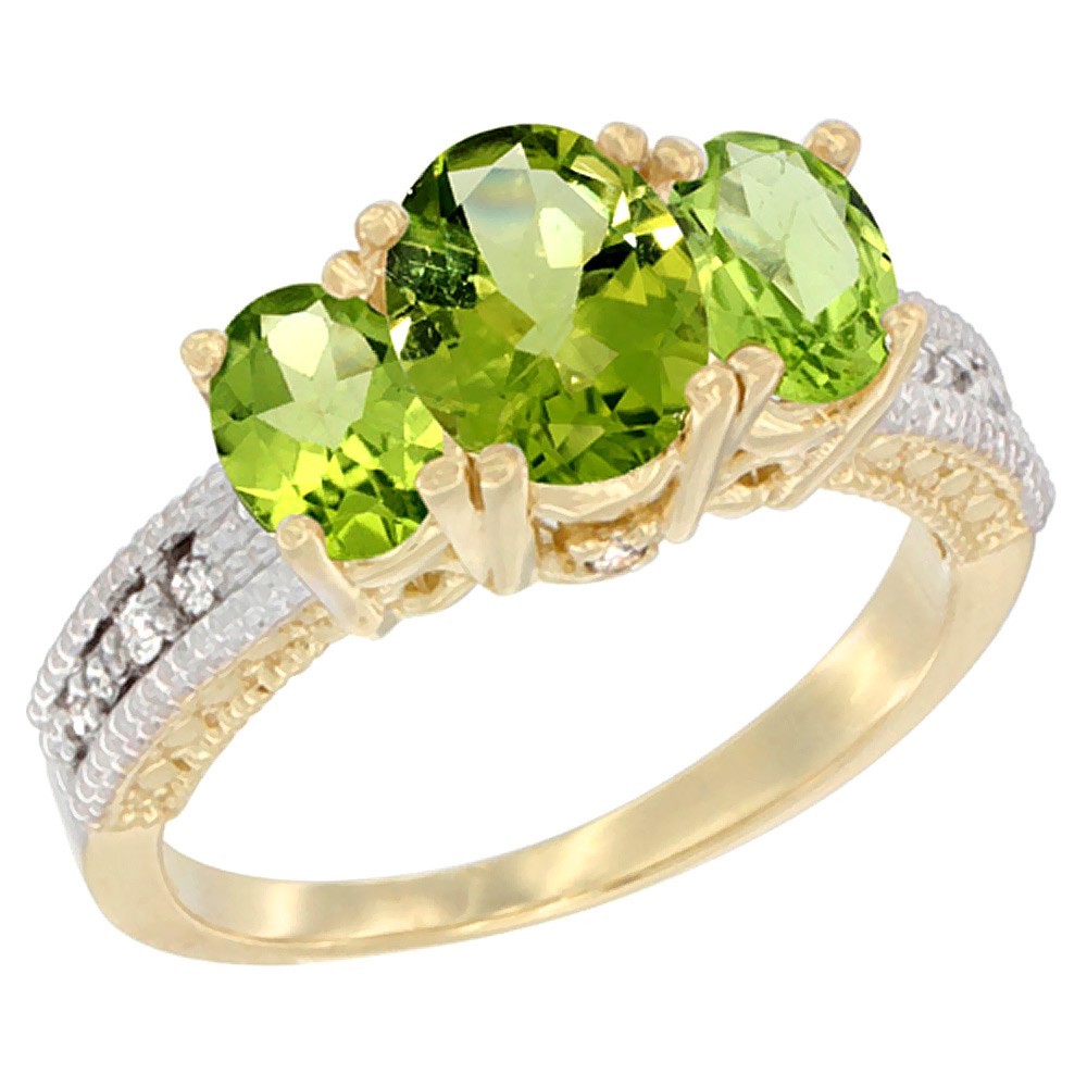 10K Yellow Gold Diamond Natural Peridot Ring Oval 3-stone, sizes 5 - 10