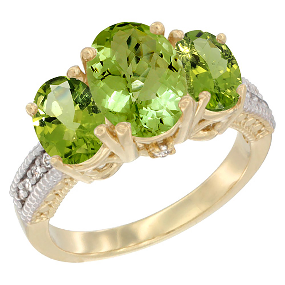 14K Yellow Gold Diamond Natural Peridot Ring 3-Stone Oval 8x6mm, sizes5-10