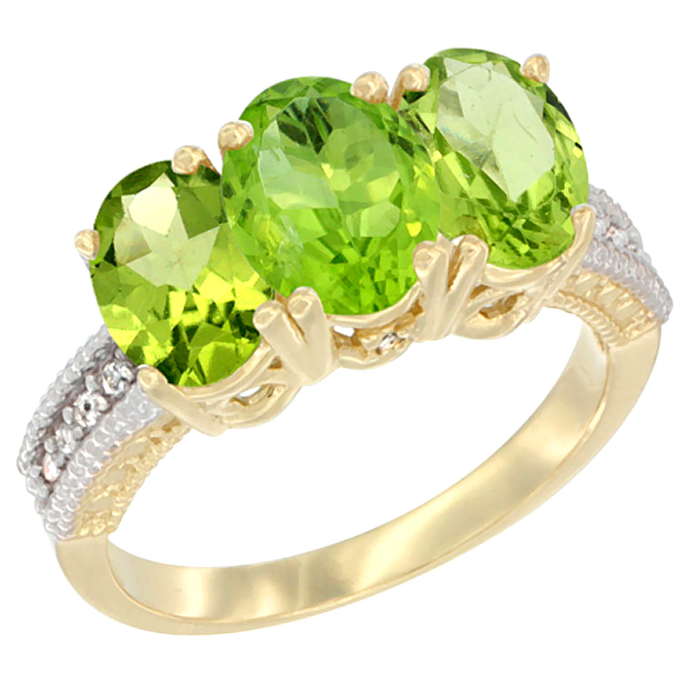 10K Yellow Gold Diamond Natural Peridot Ring 3-Stone 7x5 mm Oval, sizes 5 - 10