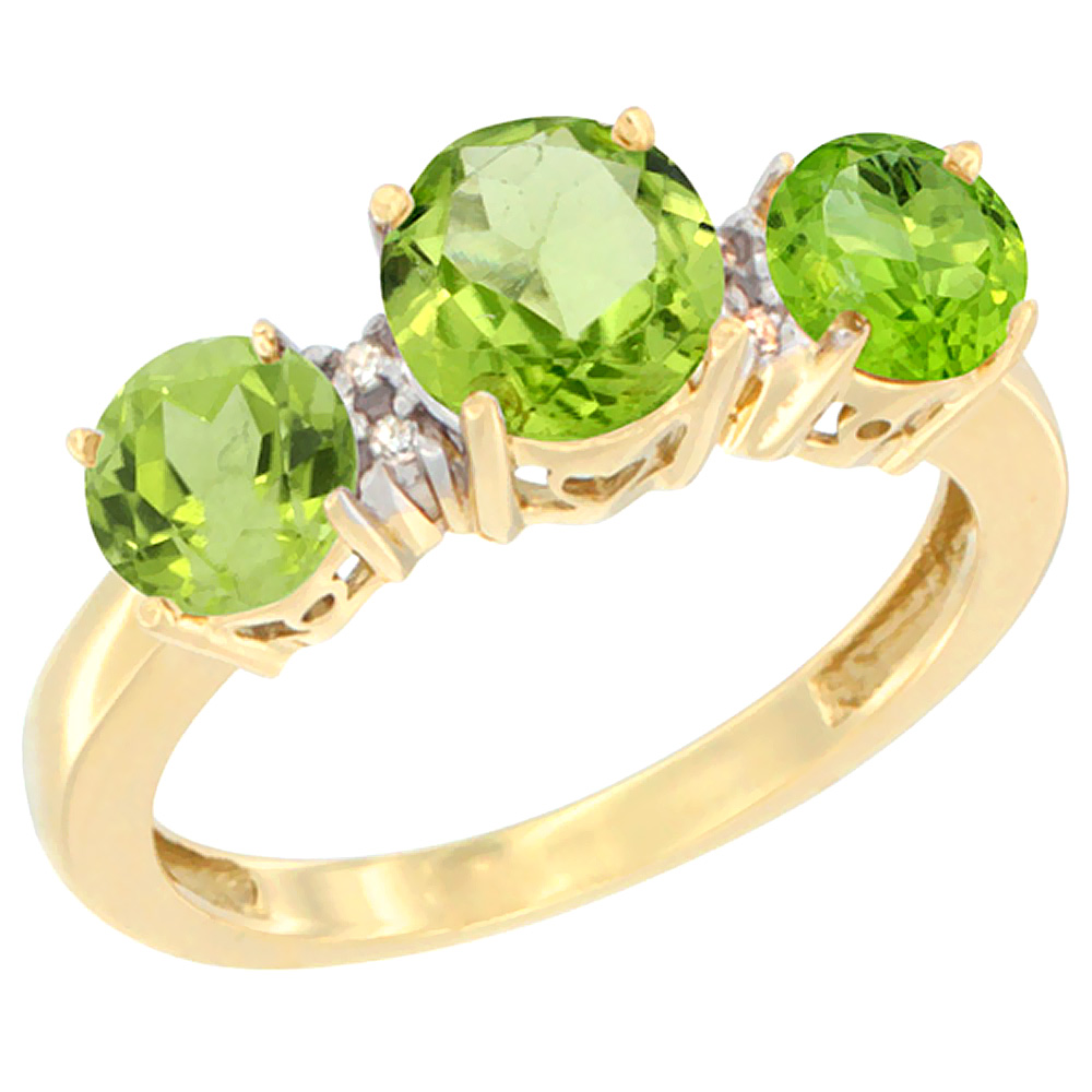 14K Yellow Gold Round 3-Stone Natural Peridot Ring Diamond Accent, sizes 5 - 10