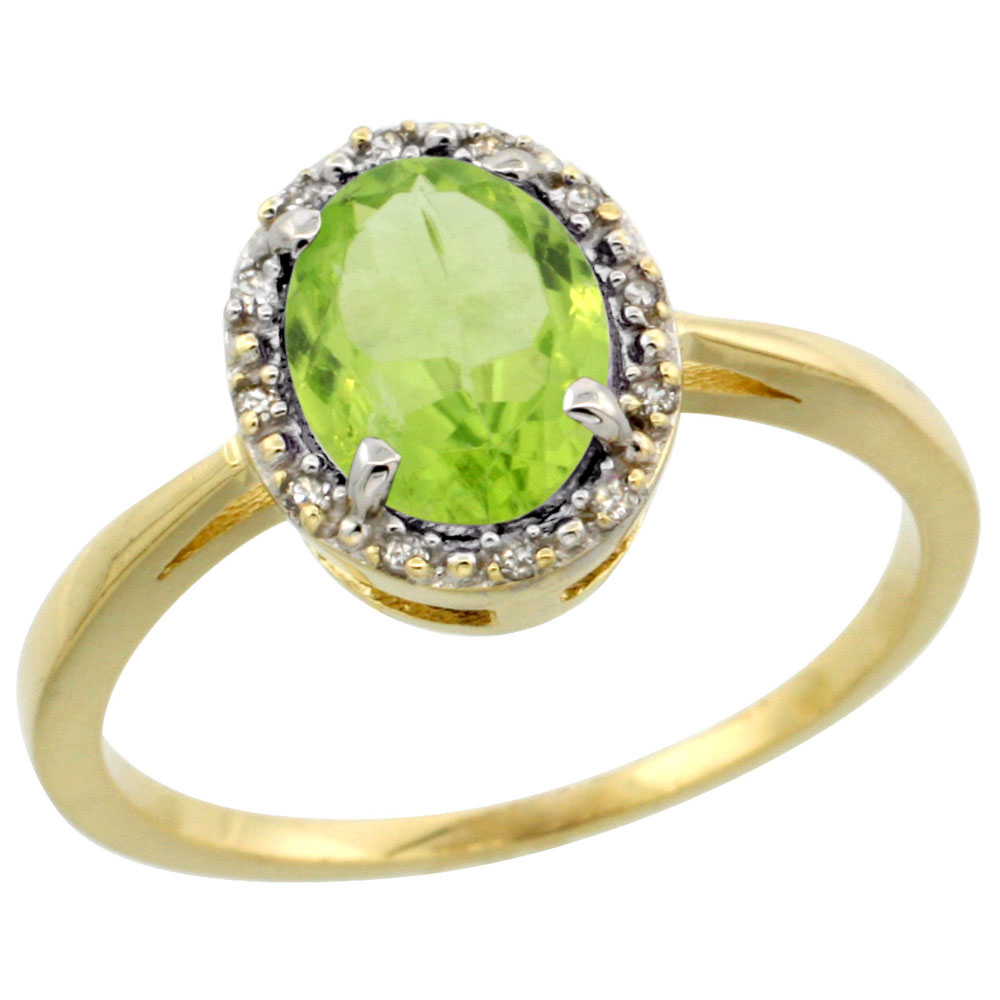 10k Yellow Gold Natural Peridot Ring Oval 8x6 mm Diamond Halo, sizes 5-10