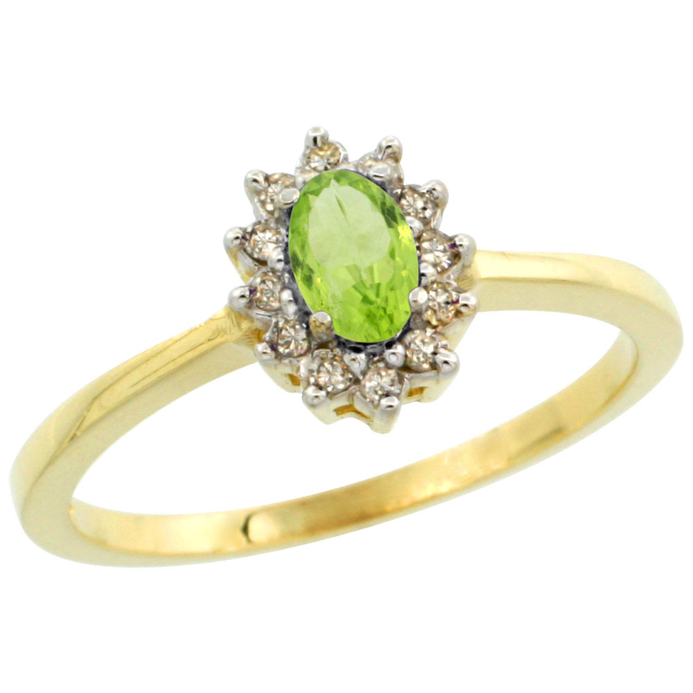 10k Yellow Gold Natural Peridot Ring Oval 5x3mm Diamond Halo, sizes 5-10