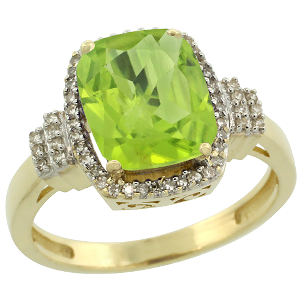 10k Yellow Gold Natural Peridot Ring Cushion-cut 9x7mm Diamond Halo, sizes 5-10