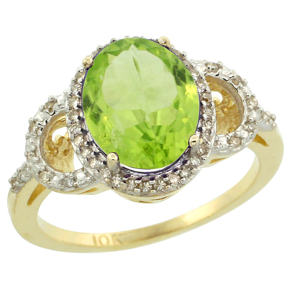 10K Yellow Gold Diamond Natural Peridot Engagement Ring Oval 10x8mm, sizes 5-10