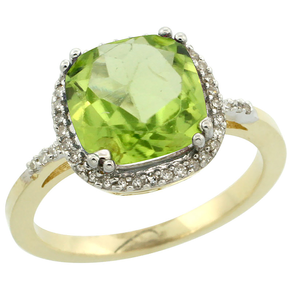 14K Yellow Gold Diamond Natural Peridot Ring Cushion-cut 9x9mm, sizes 5-10