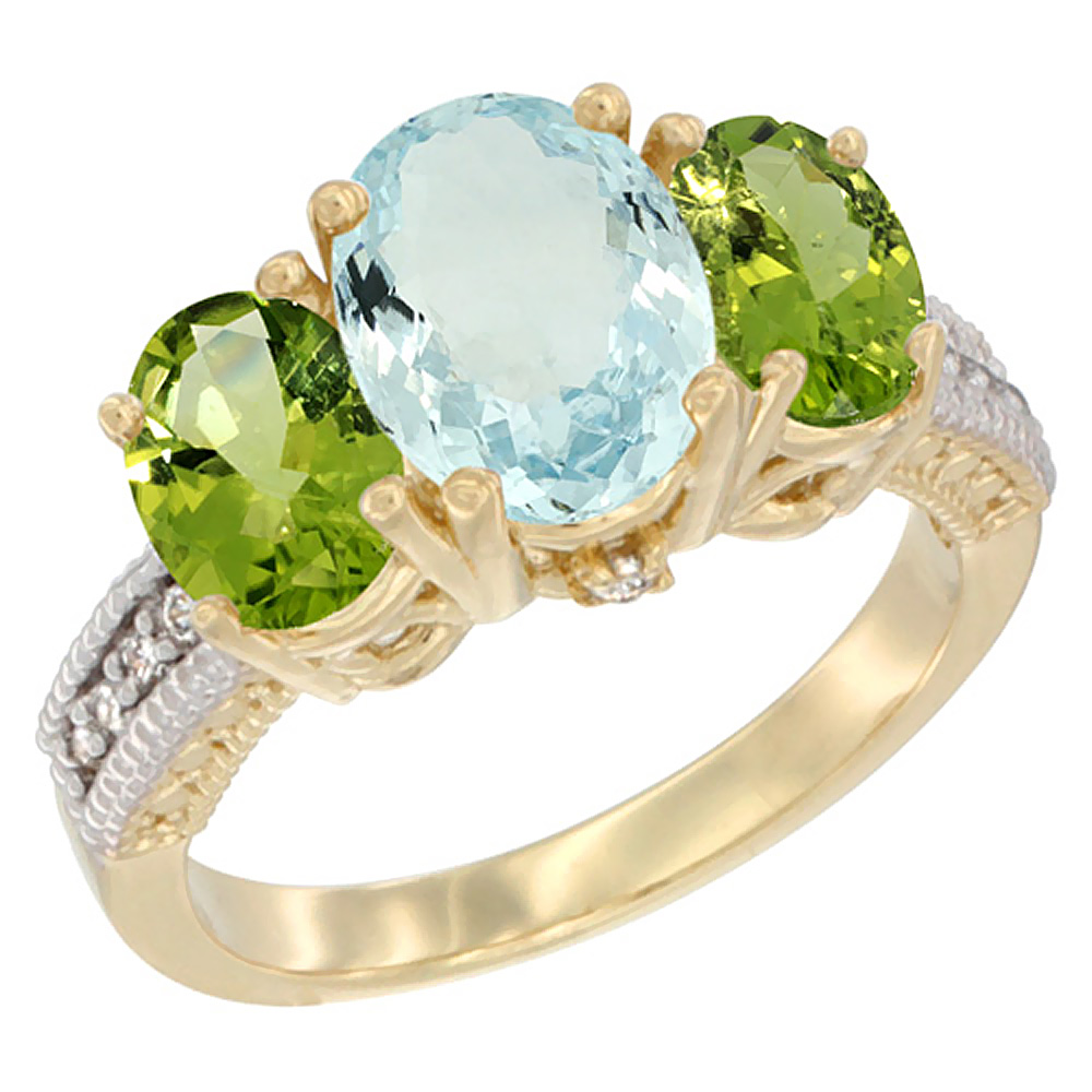 14K Yellow Gold Diamond Natural Aquamarine Ring 3-Stone Oval 8x6mm with Peridot, sizes5-10