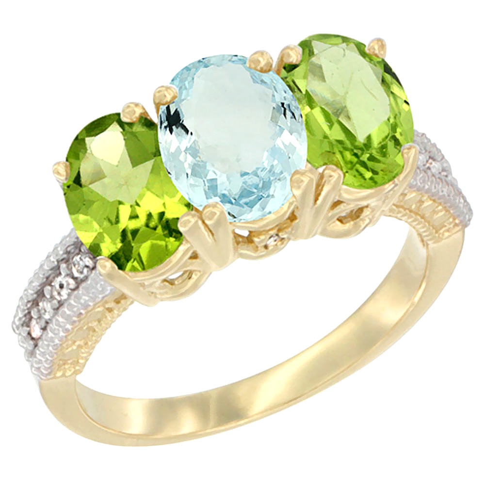 14K Yellow Gold Natural Aquamarine & Peridot Sides Ring 3-Stone 7x5 mm Oval Diamond Accent, sizes 5 - 10