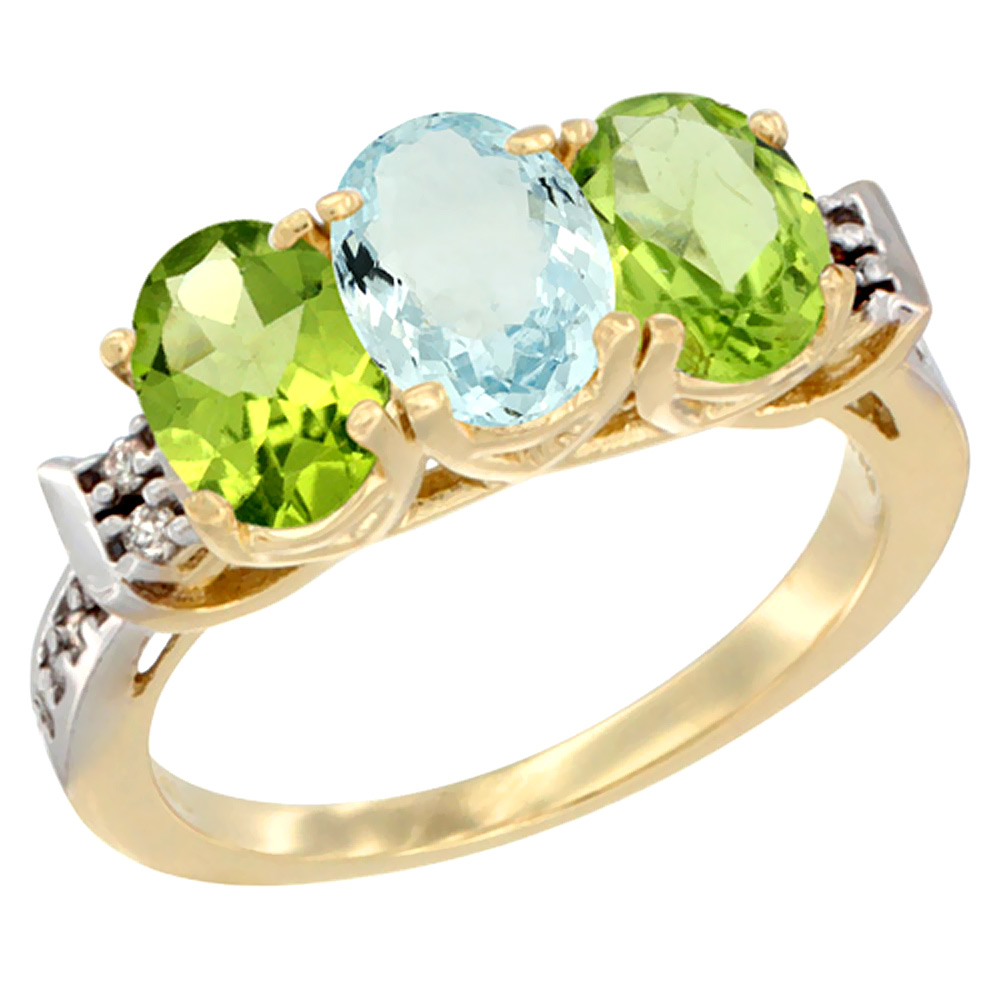 14K Yellow Gold Natural Aquamarine &amp; Peridot Sides Ring 3-Stone 7x5 mm Oval Diamond Accent, sizes 5 - 10