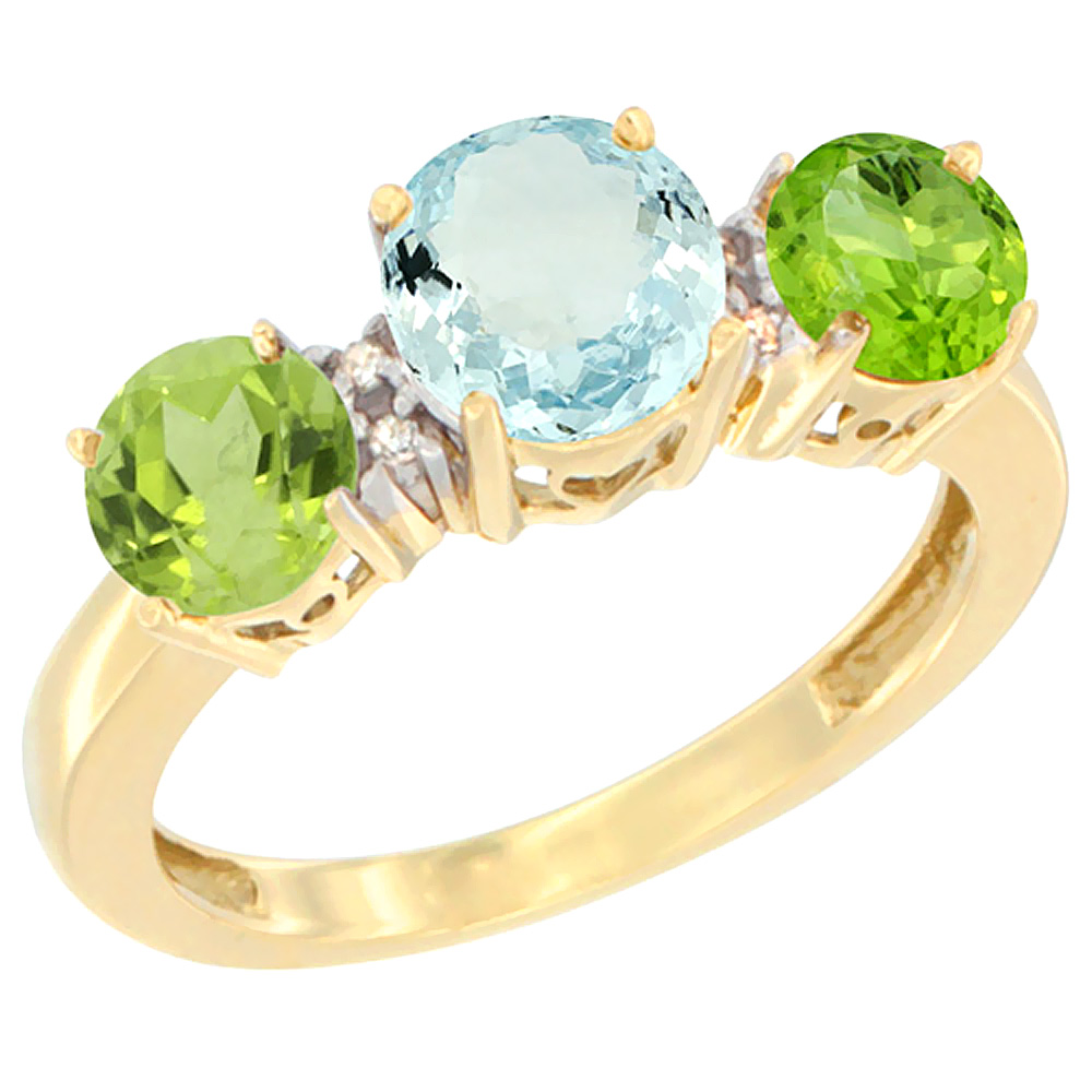 14K Yellow Gold Round 3-Stone Natural Aquamarine Ring &amp; Peridot Sides Diamond Accent, sizes 5 - 10