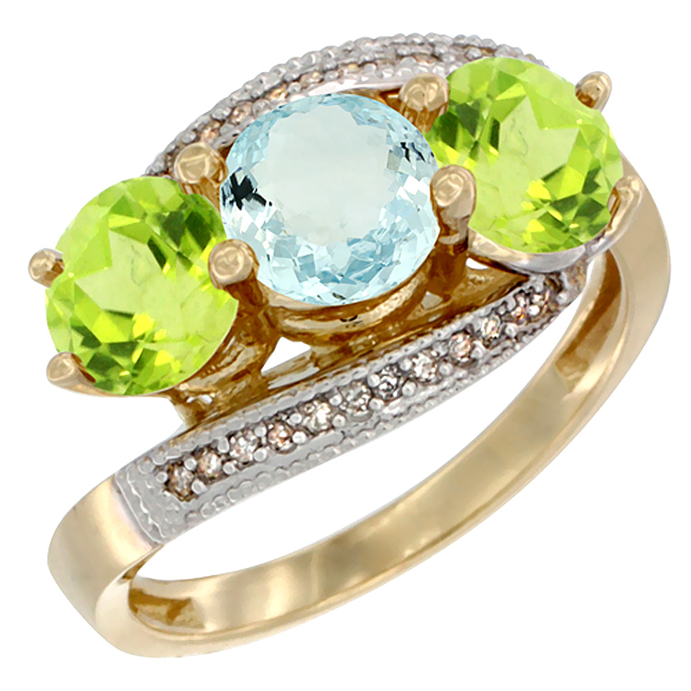 14K Yellow Gold Natural Aquamarine & Peridot Sides 3 stone Ring Round 6mm Diamond Accent, sizes 5 - 10