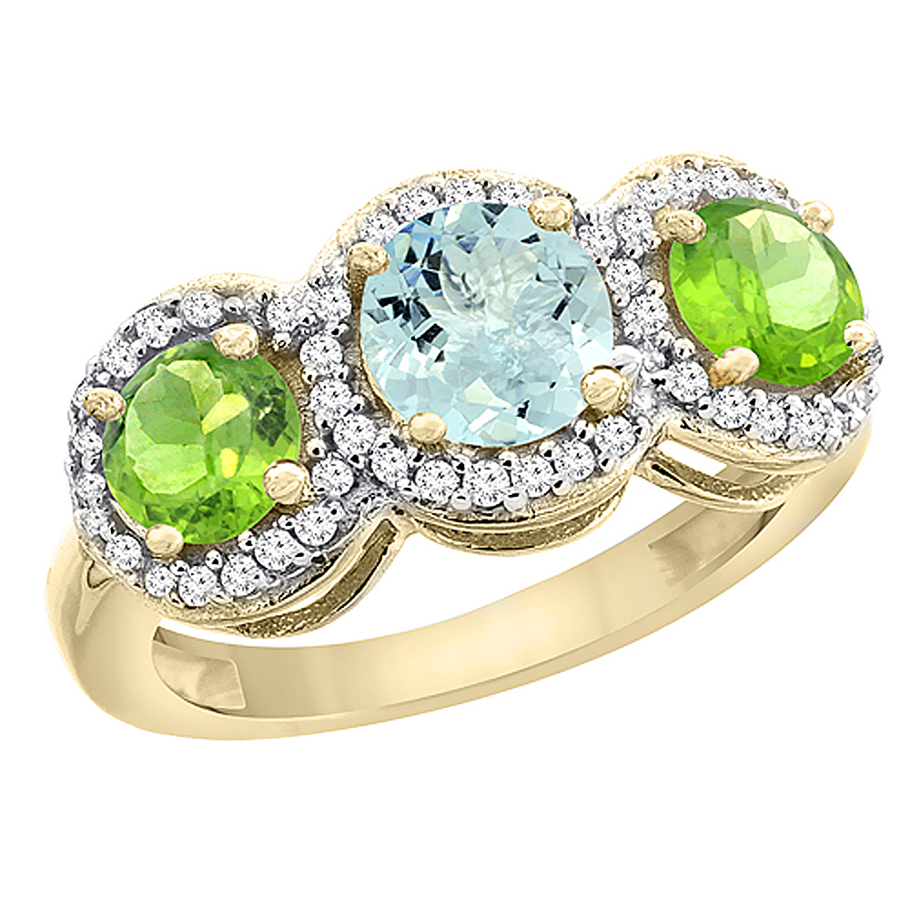 14K Yellow Gold Natural Aquamarine &amp; Peridot Sides Round 3-stone Ring Diamond Accents, sizes 5 - 10