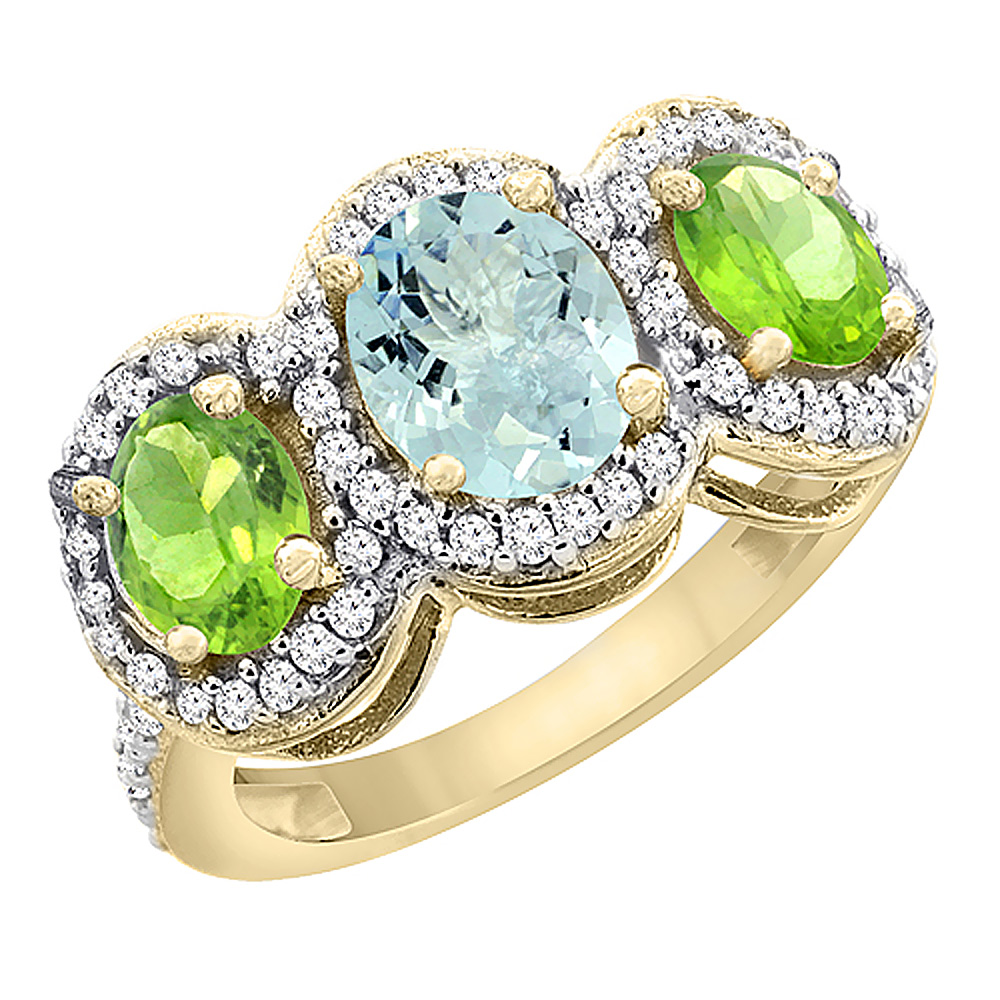 14K Yellow Gold Natural Aquamarine &amp; Peridot 3-Stone Ring Oval Diamond Accent, sizes 5 - 10