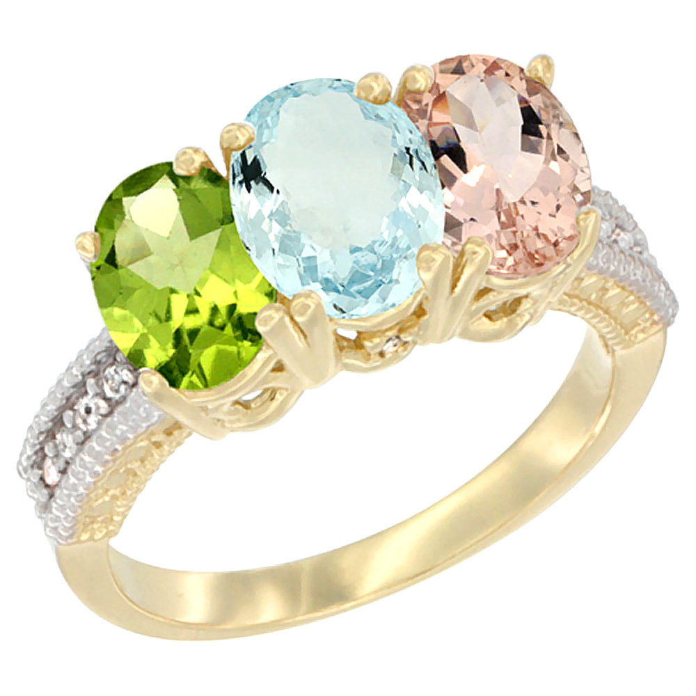 14K Yellow Gold Natural Peridot, Aquamarine & Morganite Ring 3-Stone 7x5 mm Oval Diamond Accent, sizes 5 - 10