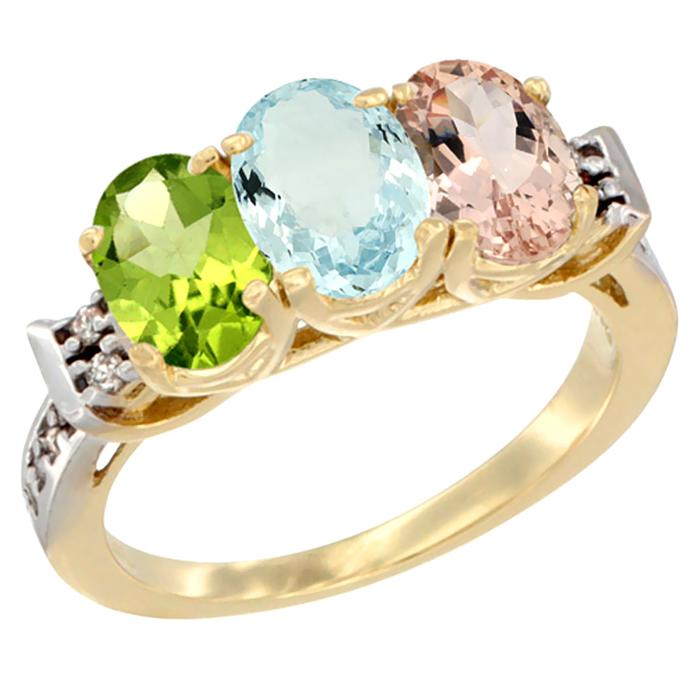 14K Yellow Gold Natural Peridot, Aquamarine & Morganite Ring 3-Stone 7x5 mm Oval Diamond Accent, sizes 5 - 10